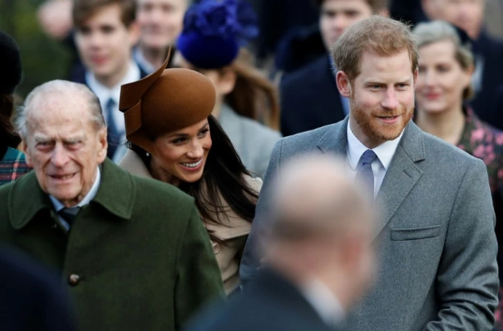 Le prince Philip, Meghan et Harry à Sandringham le 25 décembre 2017
