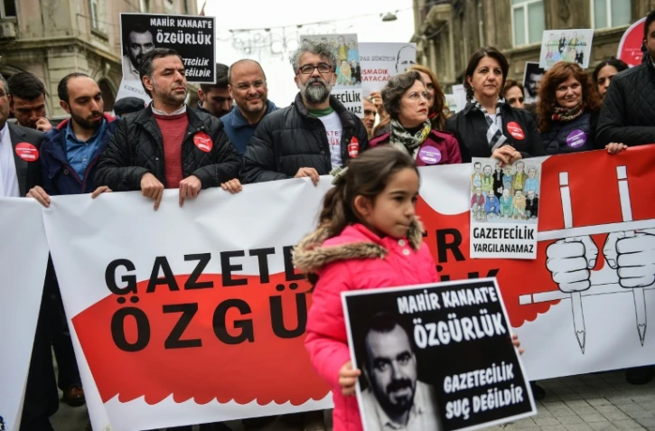 Manifestation pour la liberté de la presse et pour demander la libération de journalistes emprisonnés en Turquie, le 9 avril 2017 à Istanbul