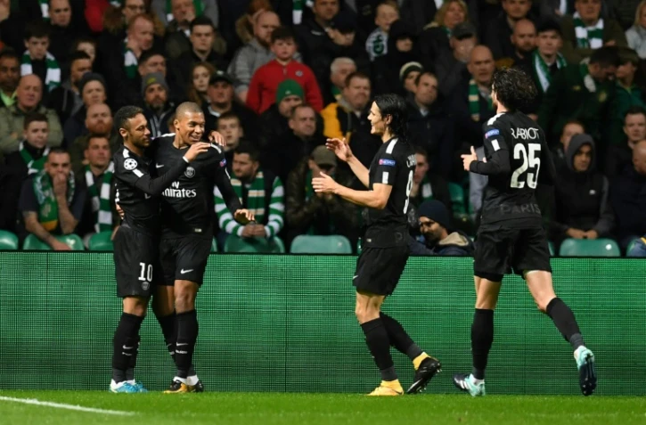Le trio offensif du PSG Neymar-Kylian Mbappé-Edinson Cavani, avec Adrien Rabiot, à brillé contre le Celtic FC, le 12 septembre 2017 à Glasgow