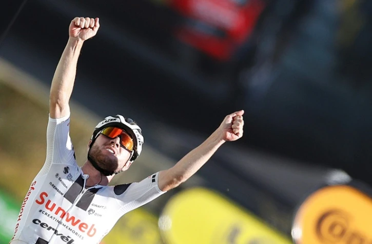 Le Suisse Marc Hirschi (Sunweb), vainqueur de la 12e étape du Tour de France, le 10 septembre 2020 à Sarran