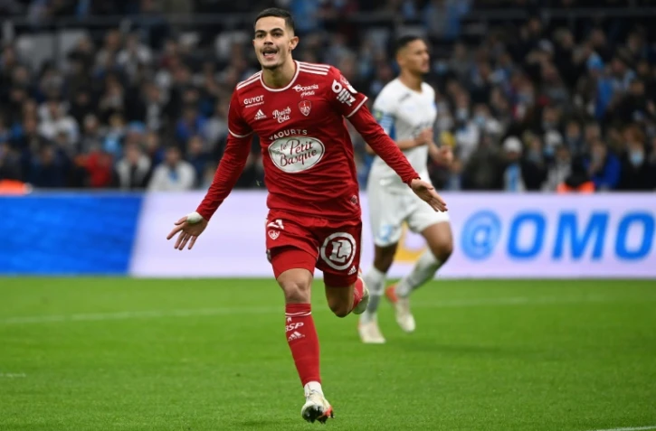 Romain Faivre, buteur sous les couleurs de Brest contre Marseille au stade Vélodrome, le 4 décembre 2021 