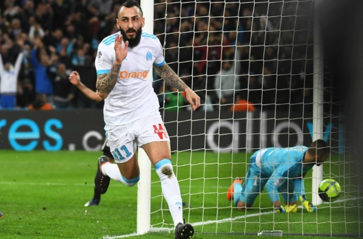 Konstantinos Mitroglou, buteur pour l'OM contre Lyon en Ligue 1, au Vélodrome, le 18 mars 2018
