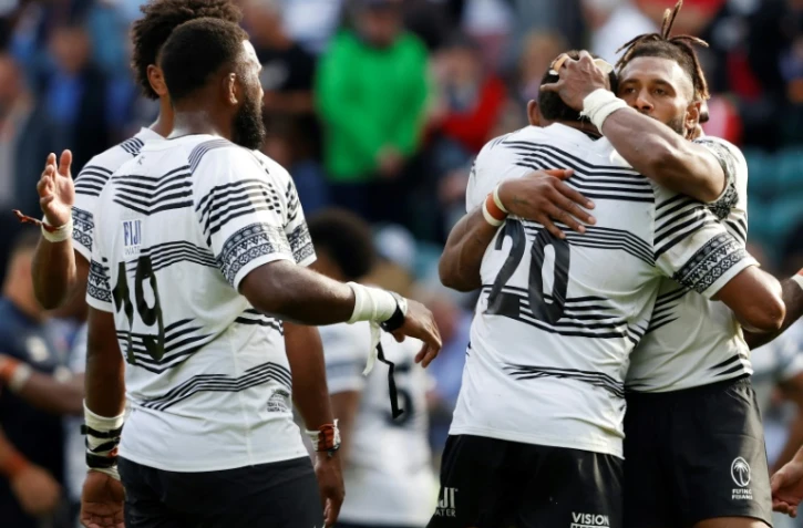 La joie des Fidjiens auteurs d'une victoire historique en Angleterre, le 26 août 2023 à Twickenham 