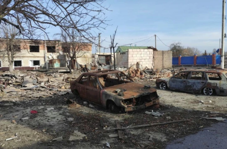 Image diffusée par le ministère russe de la Défense, le 13 mars 2025, montrant des destructions dans la ville de Soudja, dans la région de Koursk, en Ukraine