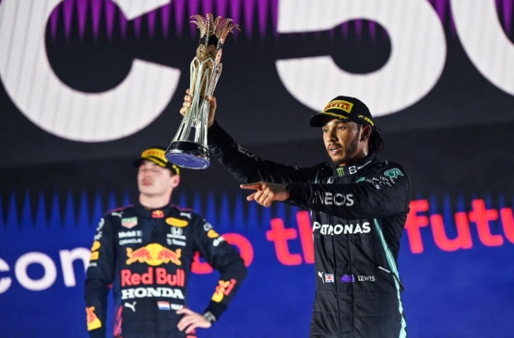 Le pilote Mercedes Lewis Hamilton vainqueur du premier GP d'Arabie saoudite devant Max Verstappen (Red Bull) sur le tracé de Jeddah, le 5 décembre 2021