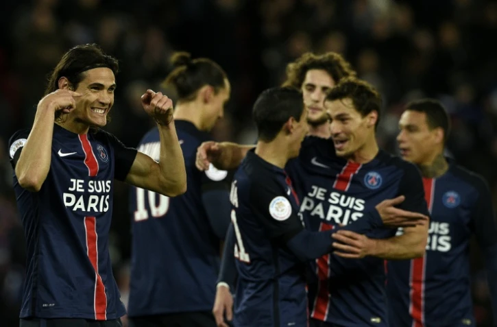 La joie des Parisiens après l'ouverture du score contre Troyes signée Edinson Cavani, le 28 novembre 2015
