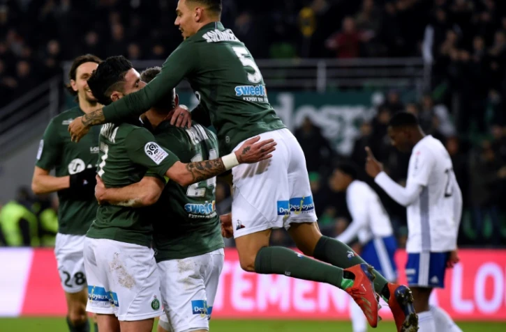 Les Stéphanois heureux après avoir marqué à Strasbourg le 13 février 2019 au stade Geoffroy-Guichard à Saint-Etienne  