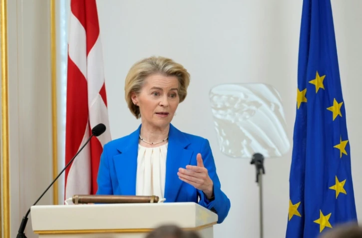 La présidente de la Commission européenne Ursula von der Leyen lors d'une intervention à l'Académie militaire royale danoise à Copenhague, le 18 mars 2025