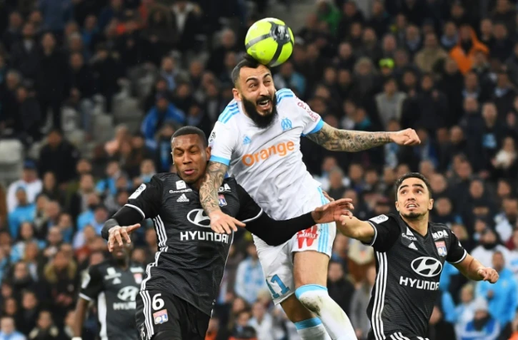 L'attaquant de l'OM Kostas Mitroglou contre Lyon, le 18 mars 20148 à Marseille