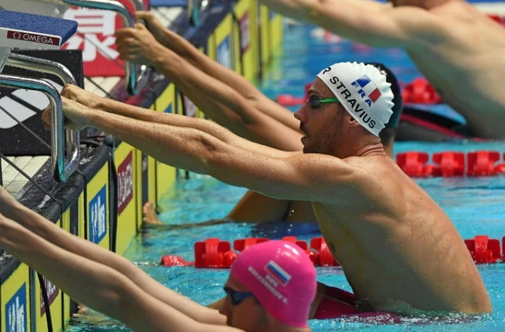 Le Français Jérémy Stravius lors des séries du 50 m dos aux Mondiaux de natation, le 27 juillet 2019 à Gwangju