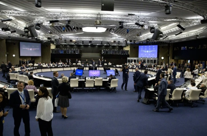 La salle qui accueille les chefs d?État et de gouvernement européens qui se réunissent avec leurs homologues d'Albanie, de Bosnie-Herzégovine, de Serbie, du Monténégro, de Macédoine et du Kosovo le 17 mai 2018 à Sofia en Bulgarie