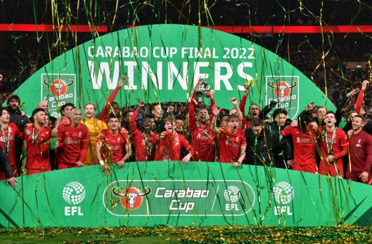 La joie des joueurs de Liverpool, vainqueurs de la Coupe de la Ligue face à Chelsea (0-0, 11-10 ap. t.a.b.), le 27 février 2022 au Stade de Wembley à Londres