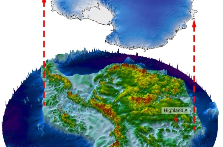 Infograhie fournie par le Pr Stewart Jamieson de l'Université de Durham le 24 octobre 2023, montrant le paysage caché sous la calotte de glace de l'Antarctique
