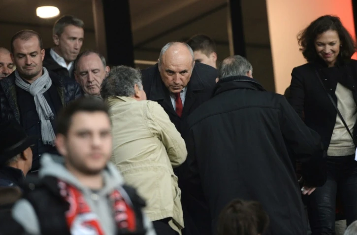 Le président de Rennes, René Ruello (c) dans les tribunes du Roazhon Park, lors du match contre Bordeaux, le 3 novembre 2017