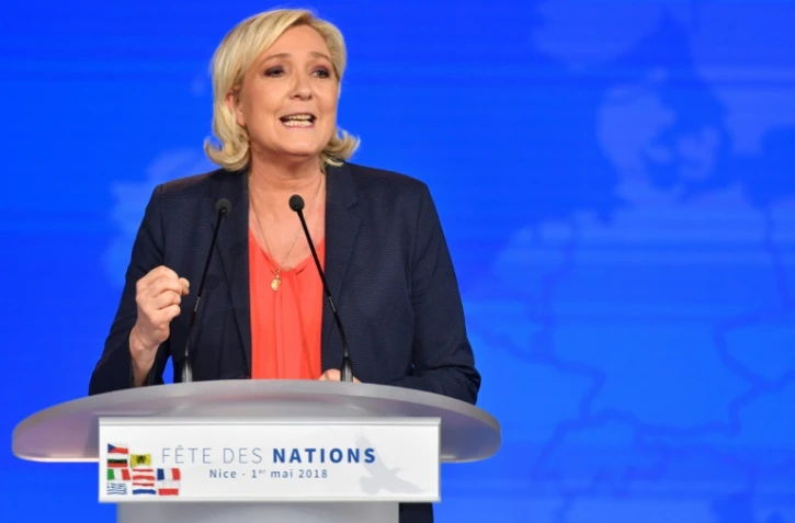 Marine Le Pen, lors d'un rassemblement du "Mouvement des nations pour une Europe des nations et des libertés" (MENL), à Nice le 1er mai 2018