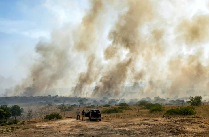 Deux hommes se tiennent près d'un camion et observent les panaches de fumée qui s'élèvent d'un champ après que des roquettes lancées depuis le Sud-Liban ont atterri près de Katzrin, sur le plateau du Golan annexé par Israël, le 13 juin 2024