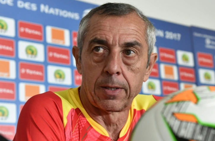 Alain Giresse, alors sélectionneur du Mali, en conférence de presse, le 23 janvier 2017 lors de la CAN-2017, à Oyem au Gabon