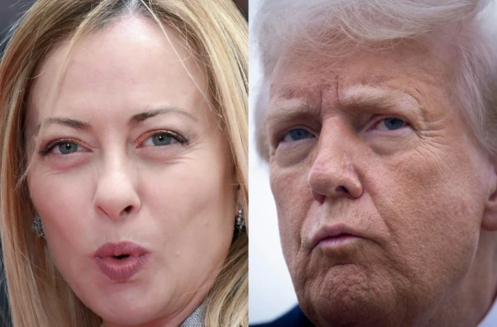 La Première ministre italienne Giorgia Meloni à Rome, le 14 april 2025, et le président américain Donald Trump à la base aérienne Andrews, dans le Maryland (est), le 14 mars 2025