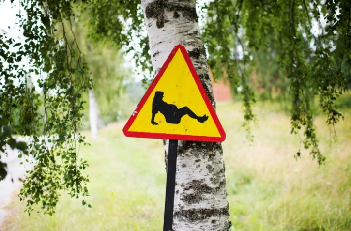 Un panneau de la route non officiel montrant une femme en train d'accoucher pour dénoncer la fermeture d'une maternité près de Solleftea dans le nord de la Suède le 9 août 2017