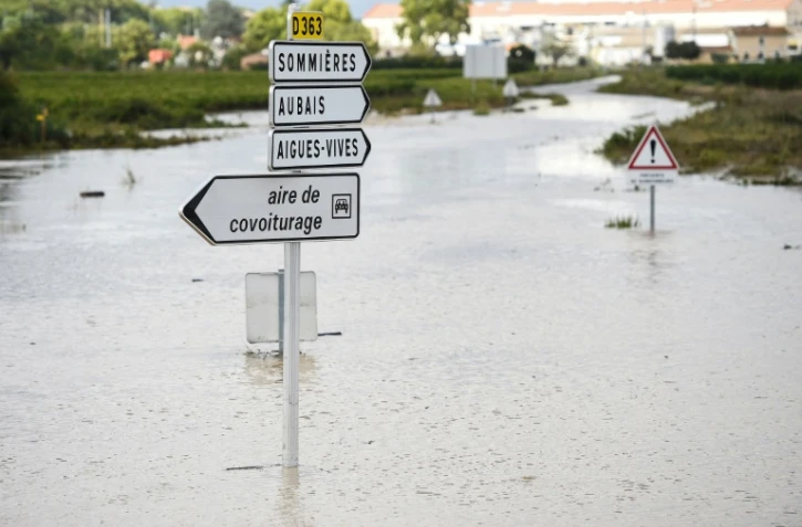 Route inondée à Aigues-Vives, dans le Gard, le 14 septembre 2021