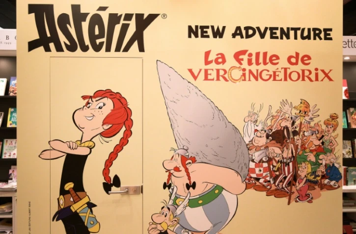 Une publicité pour la dernière aventure d'Astérix, "La fille de Vercingétorix", est affichée au salon du livre de Francfort le 17 octobre 2019