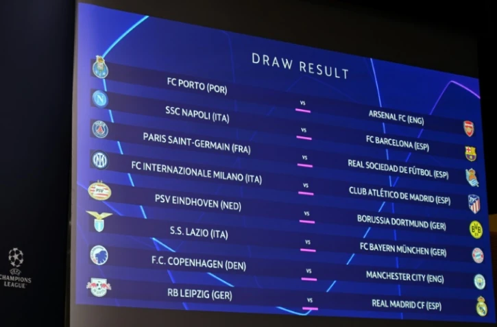 Ecran sur lequel s'affiche le tirage au sort des 8es de finale de la Ligue des champions, le 18 décembre 2023 à Nyon, au siège de l'UEFA