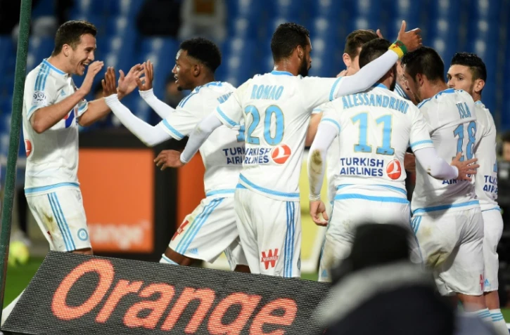 La joie des Marseillais après le but de Georges-Kévin Nkoudou contre Montpellier à La Mosson, le 2 février 2016