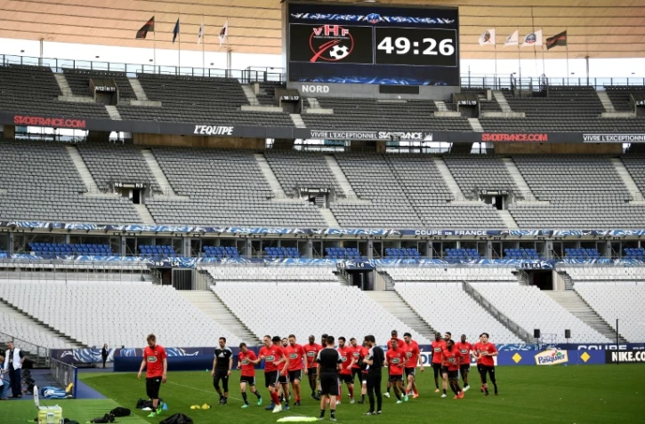 L'équipe des Herbiers lors d'un entraînement au Stade de France, le 7 mai 2018, à la veille de la finale de la Coupe de France contre le PSG 