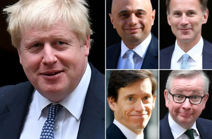 Cette mosaïque d'images montre les cinq candidats encore en lice pour devenir le chef du parti conservateur britannique, qui deviendra également Premier ministre: le favori Boris Johnson (à gauche), Sajid Javid (au centre en haut), Jeremy Hunt (en haut à droite), Rory Stewart (au centre en bas) et Michael Gove (en bas à droite).