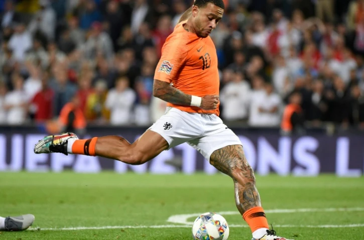 L'attaquant des Pays-Bas Memphis Depay lors de la demi-finale de Ligue des Nations contre l'Angleterre à Guimaraes le 6 juin 2019