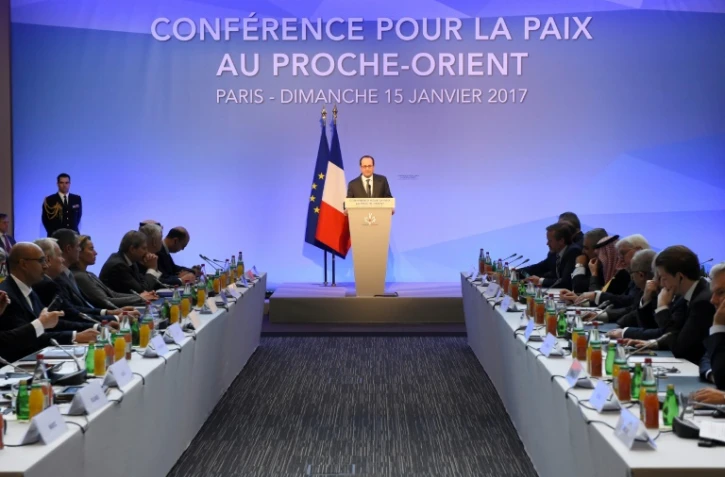 François Hollande lors de la conférence sur le Proche-Orient qui s'est tenue le 15 janvier 2017 à Paris en l'absence des Palestiniens et d'Israël mais en présence de quelque 70 pays. 