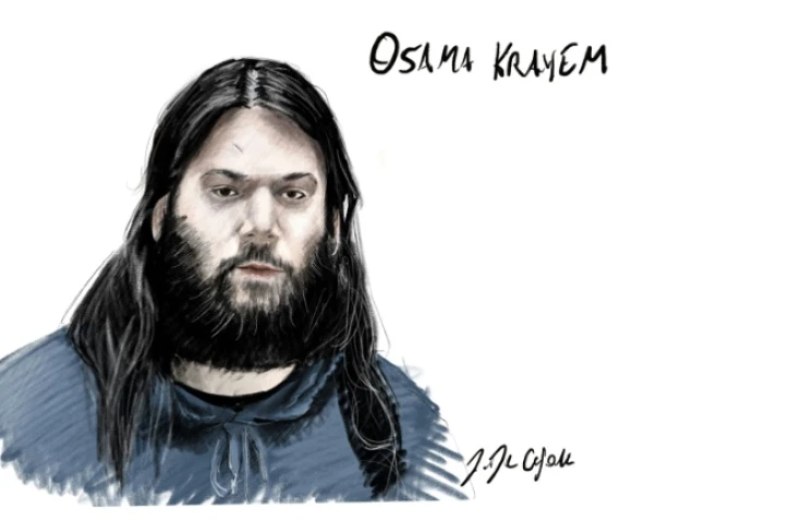 Ce croquis d'adience, réalisé le 19 avril 2023, montre le jihadiste suédois Osama Krayem durant son procès devant les assises de Bruxelles pour répondre de sa participation aux attentats de mars 2016 en Belgique