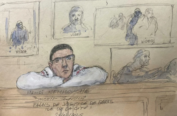 Croquis d'audience du 27 février 2025 représentant Mehdi Nemmouche devant la cour d'assises spéciale de Paris