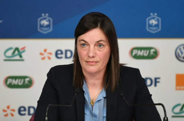 La sélectionneure de l'équipe de France féminine de football Corinne Diacre en conférence de presse le 26 mars 2019 à Paris  