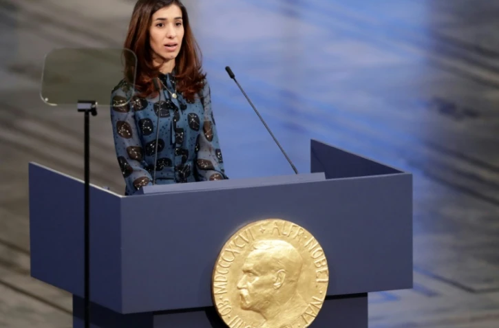La Yazidie Nadia Murad lors de la remise de son prix Nobel de la Paix à Oslo le 10 décembre 2018