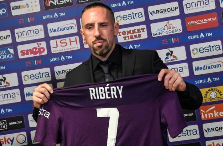L'attaquant français Franck Ribéry lors de sa conférence de presse de présentation à la Fiorentina, le 22 août 2019 à Florence