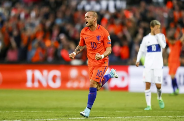 Le Néerlandais Wesley Sneijder fête un but contre le Luxembourg en qualifications au Mondial 2018, le 9 juin 2017 à Rotterdam