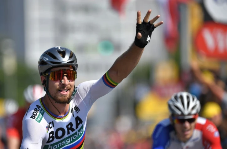 Le coureur de Bora Peter Sagan, vainqueur de la 2e étape du Tour de France à La Roche-sur-Yon, le 8 juillet 2018