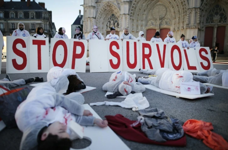 Des partisans du transfert de l'aéroport de Nantes à Notre-Dame-des-Landes (Loire-Atlantique) simulent un crash d'avion, le 25 novembre 2017 à Nantes