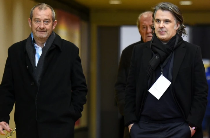 Le directeur général de l'Olympique de Marseille, Philippe Perez (g), aux côtés du président du club, Vincent Labrune, le 22 mars 2014 au Stade de France, à Saint-Denis