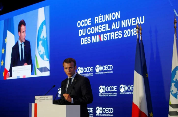 Emmanuel Macron prononce un discours devant l'OCDE à Paris, le 30 mai 2018