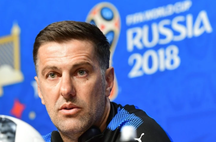 Le sélectionneur serbe Mladen Krstajic en conférence de presse, le 16 juin 2018 à Samara en Russie