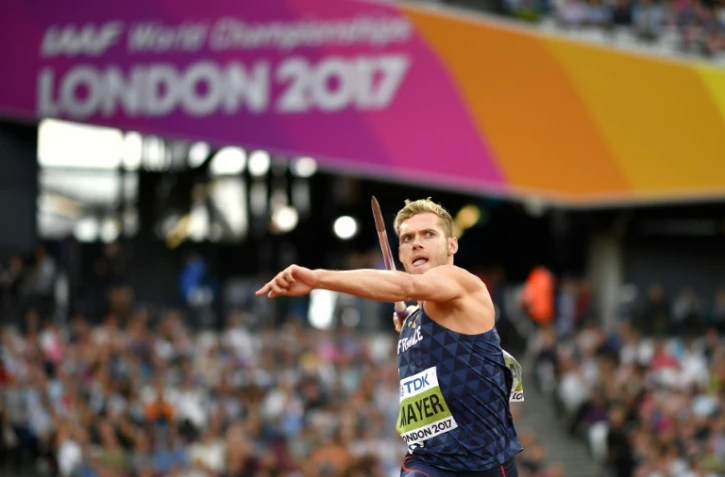 Kevin Mayer au lancer du javelot, épreuve du décathlon des Mondiaux de Londres, le 12 août 2017