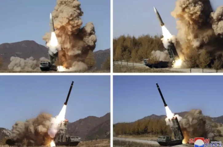 Des images diffusées par l'agence officielle nord-coréenne KCNA et prises entre le 2 et le 5 novembre montrent des essais de missiles dans des lieux non-précisés de Corée du Nord ( KCNA VIA KNS / STR )